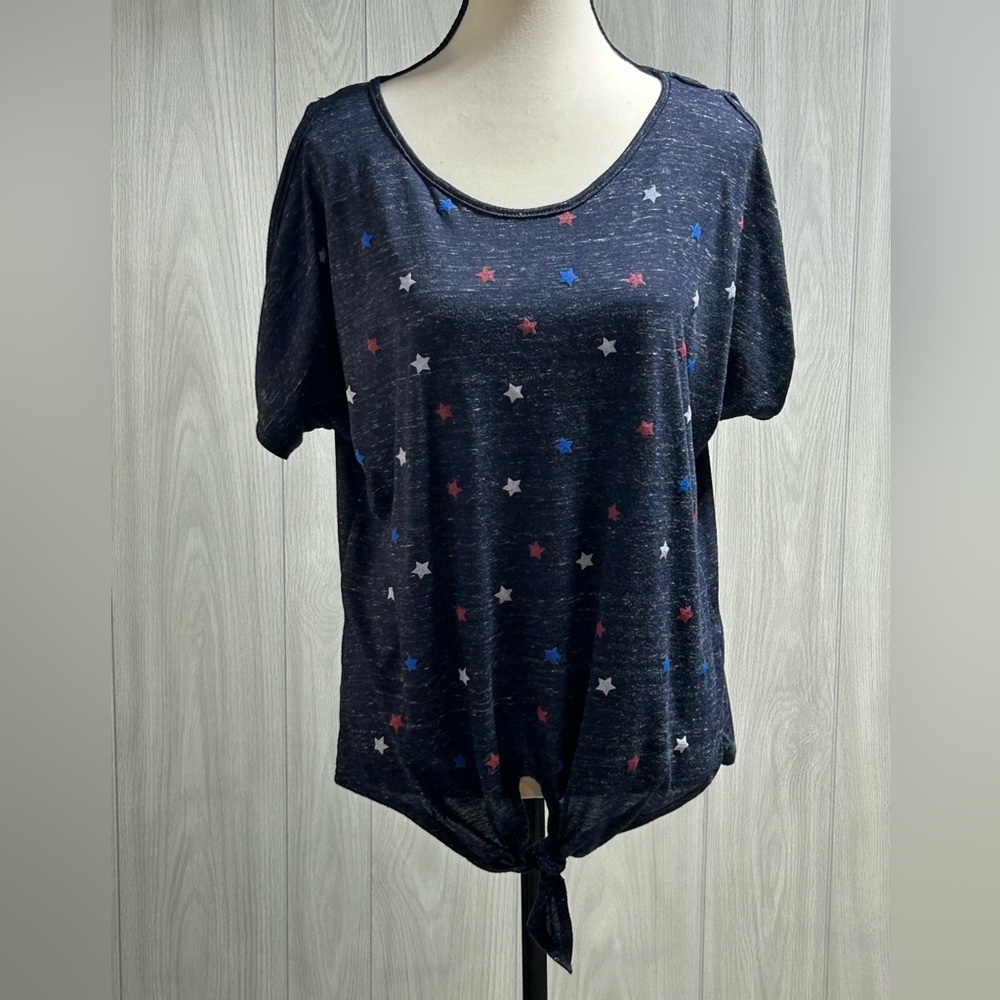SJS open shoulder red, white & blue star print shirt size small